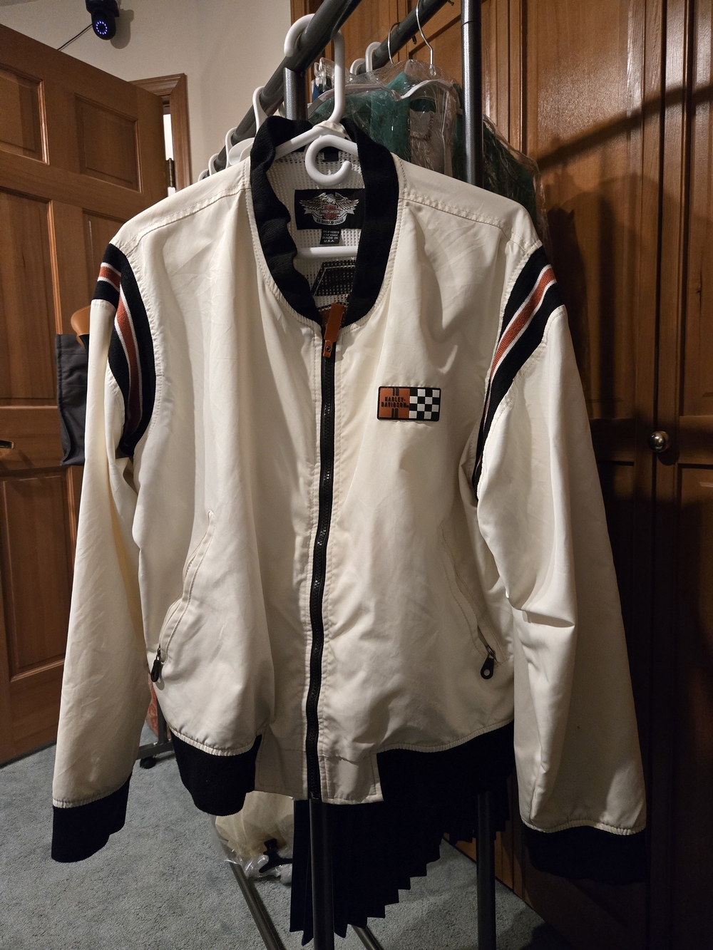 Harley-Davidson White Bomber Jacket with Black and Orange Stripe Accents
